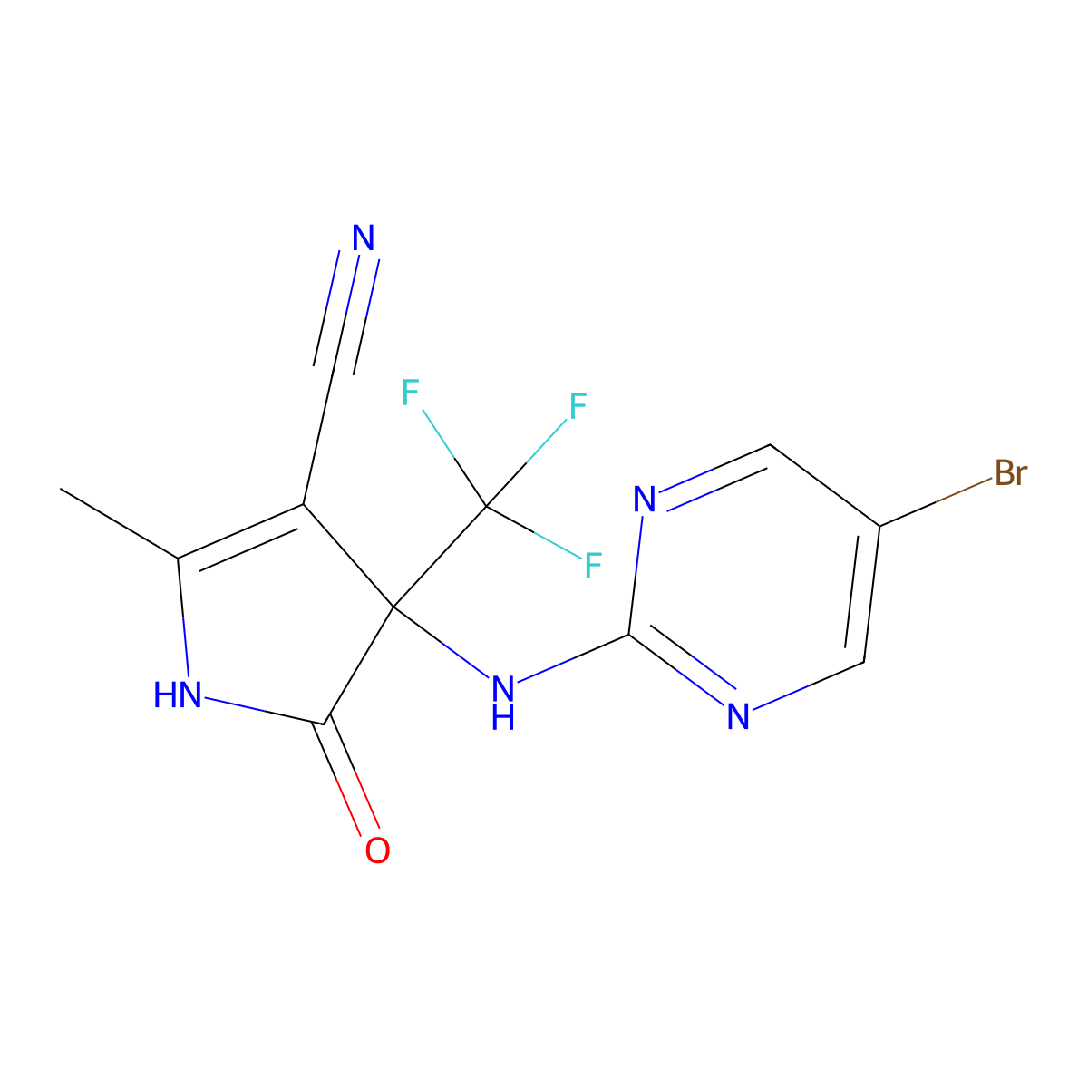 4-[(5-bromopyrimidin-2-yl)amino]-2-methyl-5-oxo-4-(trifluoromethyl)-4,5-dihydro-1H-pyrrole-3-carbonitrile molecular structure, CAS 1219546-78-7