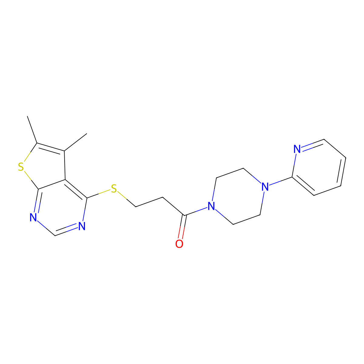 3-[(5,6-Dimethylthieno[2,3-d]pyrimidin-4-yl)sulfanyl]-1-[4-(pyridin-2-yl)piperazin-1-yl]propan-1-one molecular structure, CAS 1219547-51-9