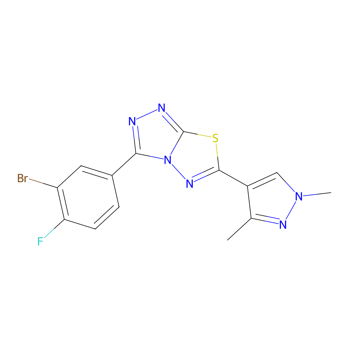3-(3-bromo-4-fluorophenyl)-6-(1,3-dimethyl-1H-pyrazol-4-yl)[1,2,4]triazolo[3,4-b][1,3,4]thiadiazole molecular structure, CAS 1219547-75-7