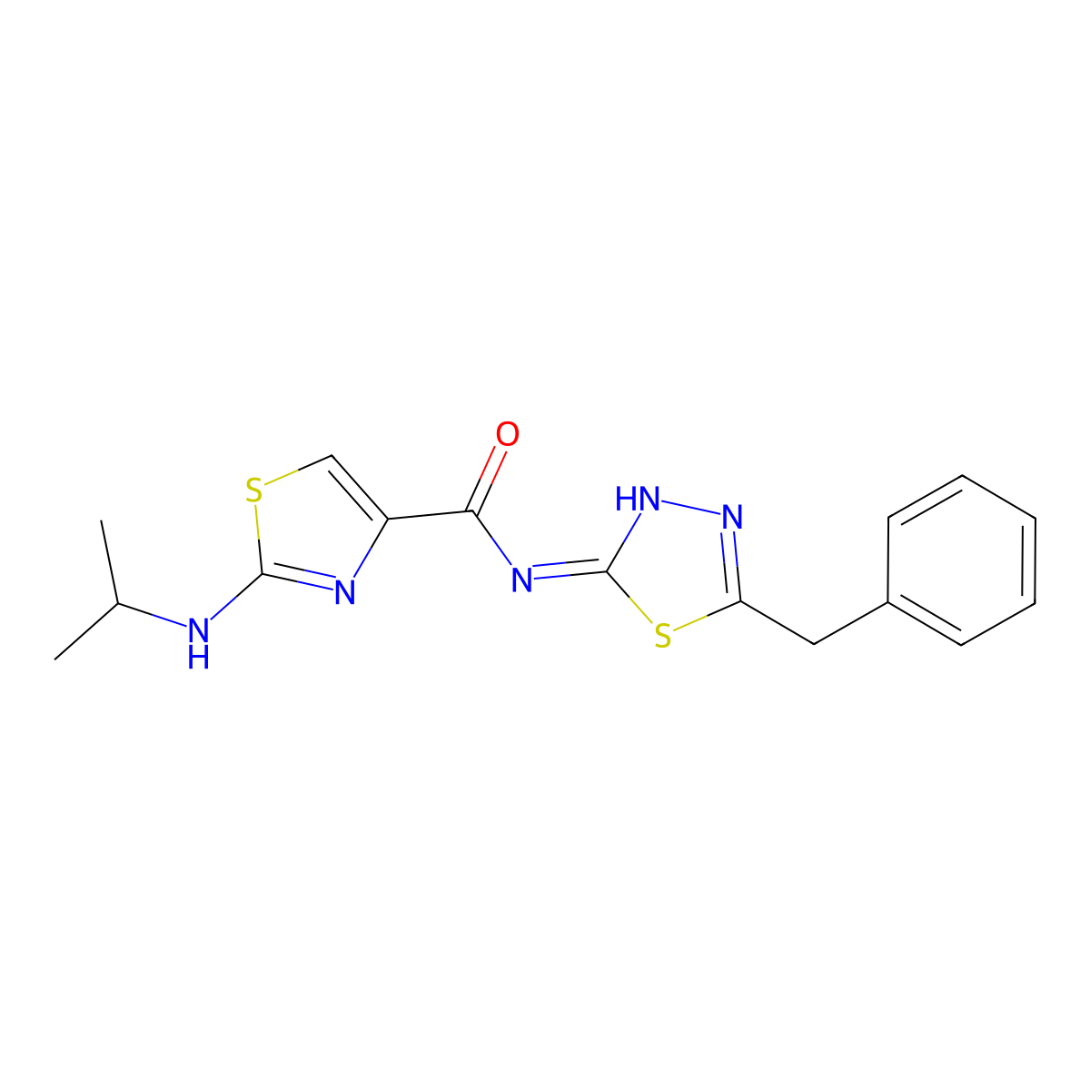 N-[(2E)-5-benzyl-1,3,4-thiadiazol-2(3H)-ylidene]-2-(propan-2-ylamino)-1,3-thiazole-4-carboxamide molecular structure, CAS 1219548-28-3
