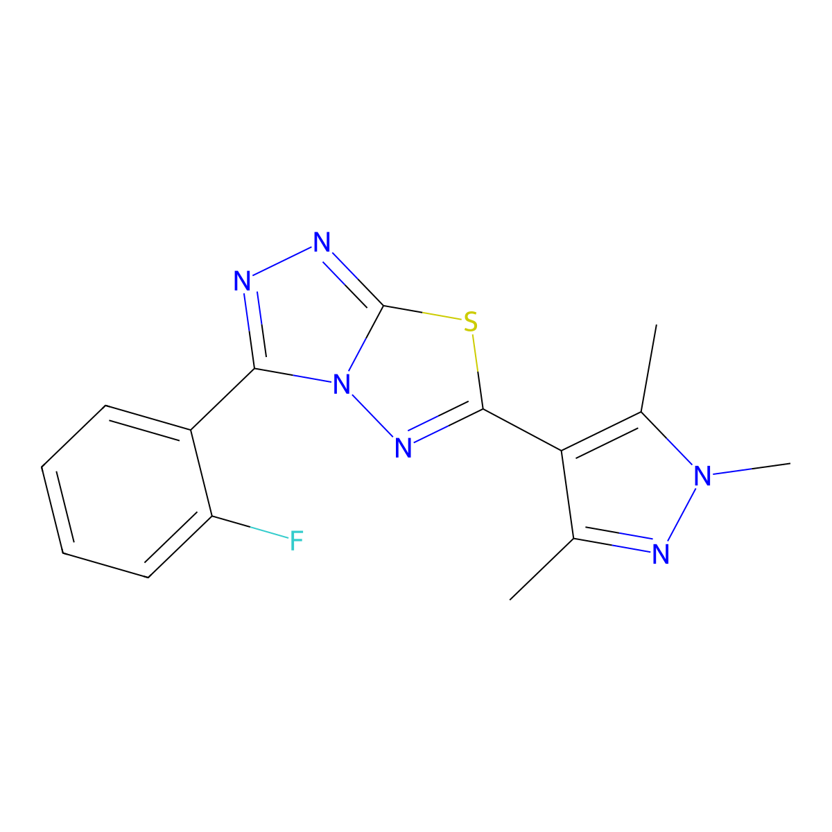 4-[3-(2-Fluorophenyl)-[1,2,4]triazolo[3,4-b][1,3,4]thiadiazol-6-yl]-1,3,5-trimethylpyrazole molecular structure, CAS 1219548-77-2