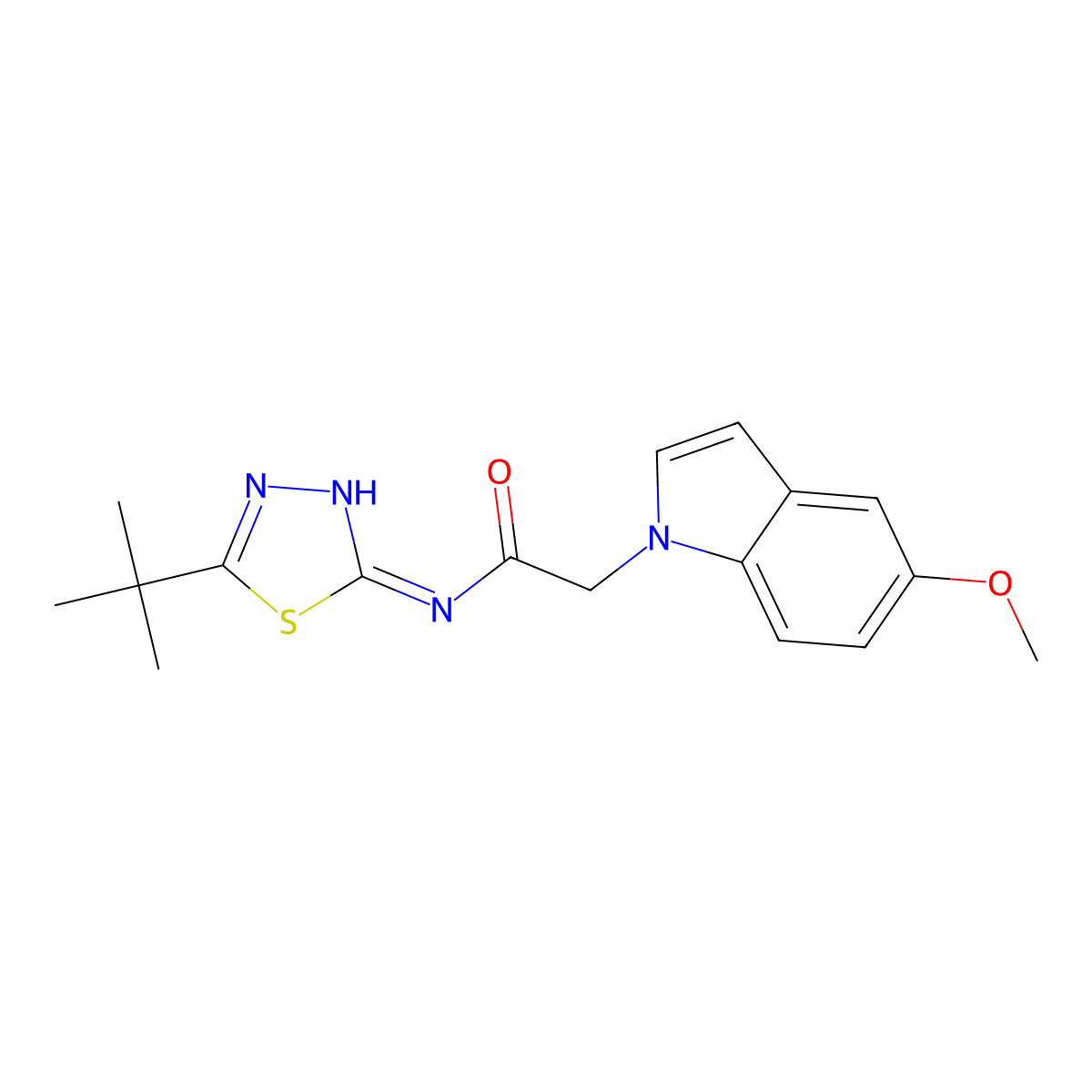 N-[(2E)-5-tert-butyl-1,3,4-thiadiazol-2(3H)-ylidene]-2-(5-methoxy-1H-indol-1-yl)acetamide molecular structure, CAS 1219550-33-0
