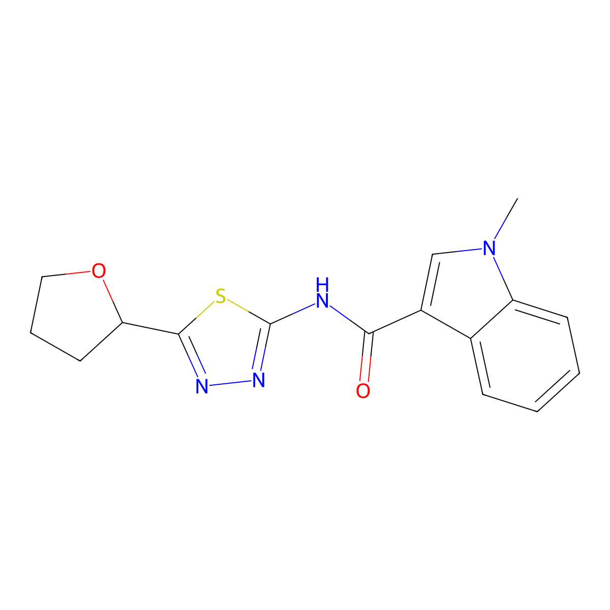 1-methyl-N-[(2E)-5-(tetrahydrofuran-2-yl)-1,3,4-thiadiazol-2(3H)-ylidene]-1H-indole-3-carboxamide molecular structure, CAS 1219552-47-2