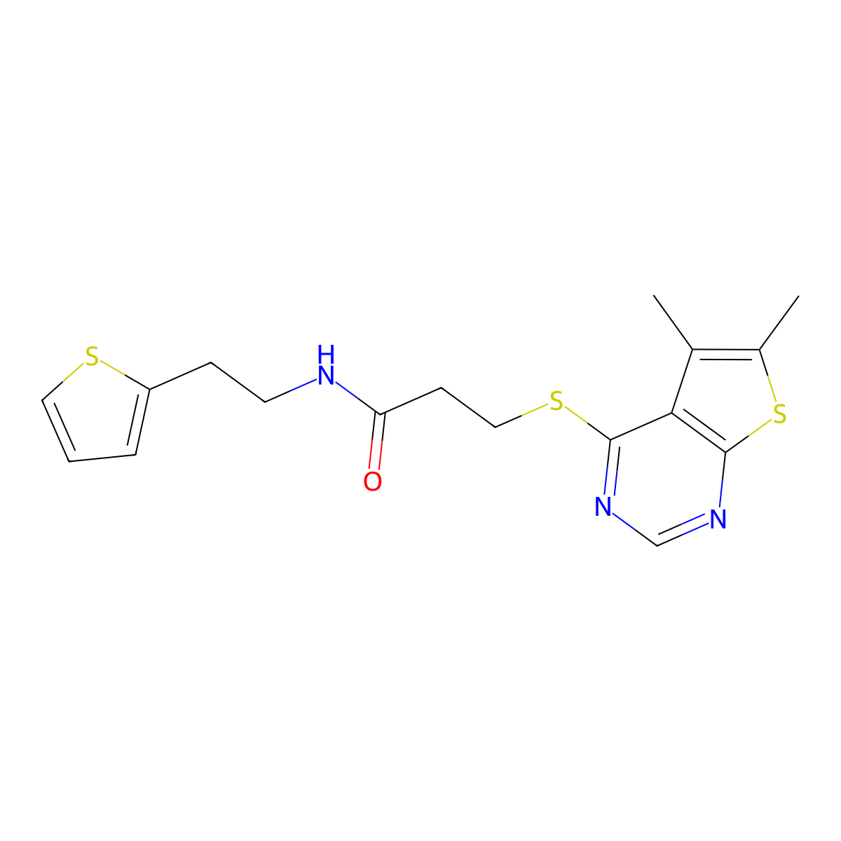 3-[(5,6-dimethylthieno[2,3-d]pyrimidin-4-yl)sulfanyl]-N-[2-(thiophen-2-yl)ethyl]propanamide molecular structure, CAS 1219553-43-1