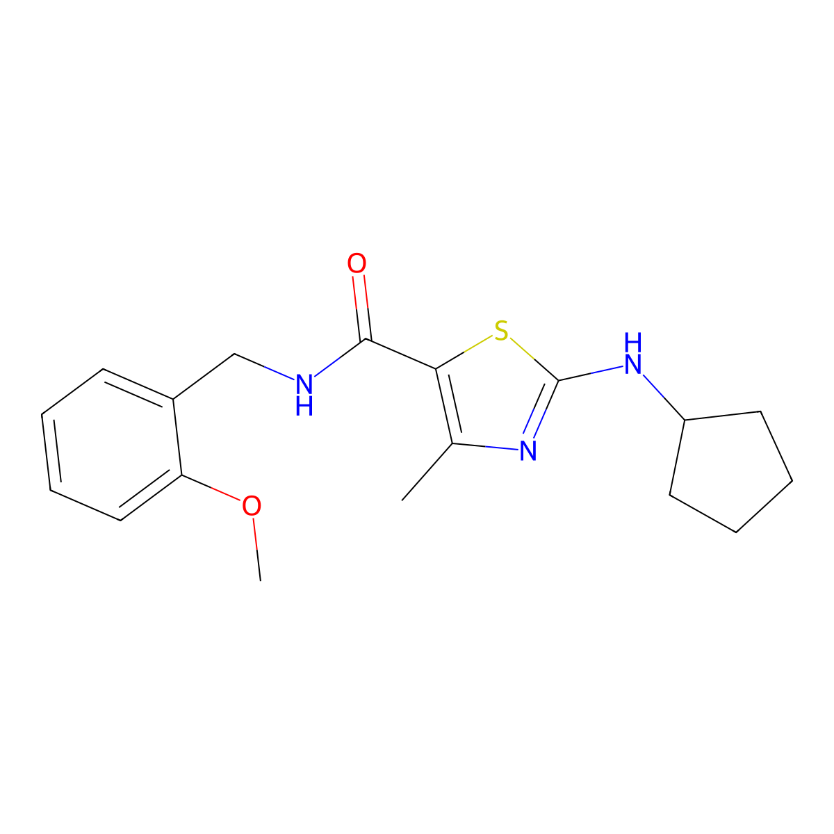 2-(cyclopentylamino)-N-(2-methoxybenzyl)-4-methyl-1,3-thiazole-5-carboxamide molecular structure, CAS 1219554-07-0