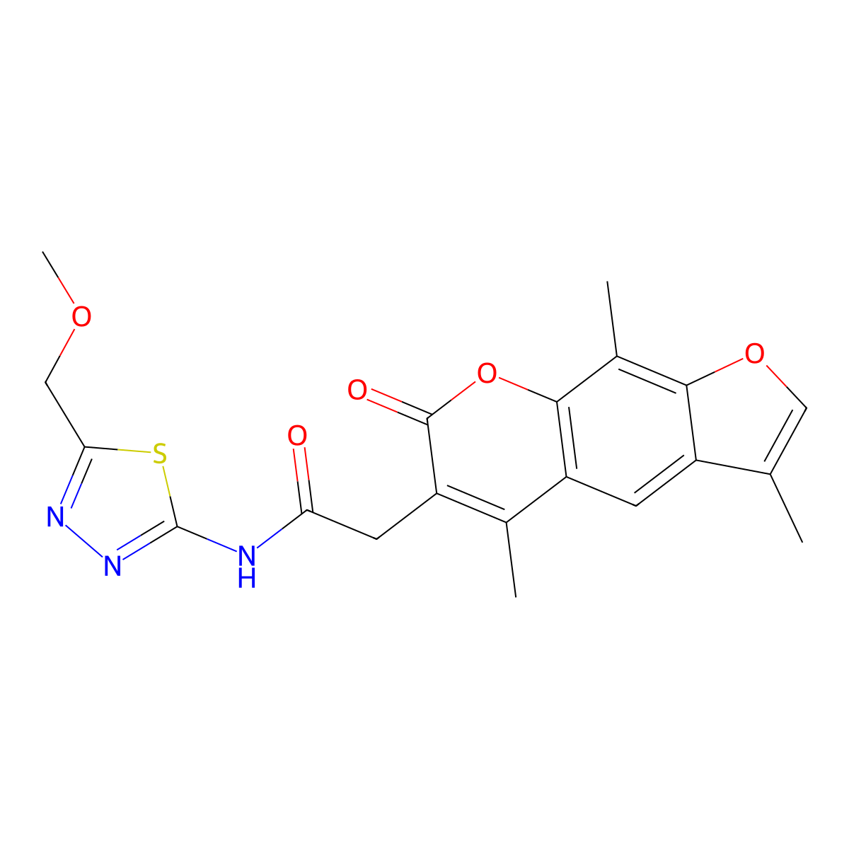 N-[(2Z)-5-(methoxymethyl)-1,3,4-thiadiazol-2(3H)-ylidene]-2-(3,5,9-trimethyl-7-oxo-7H-furo[3,2-g]chromen-6-yl)acetamide molecular structure, CAS 1219554-53-6