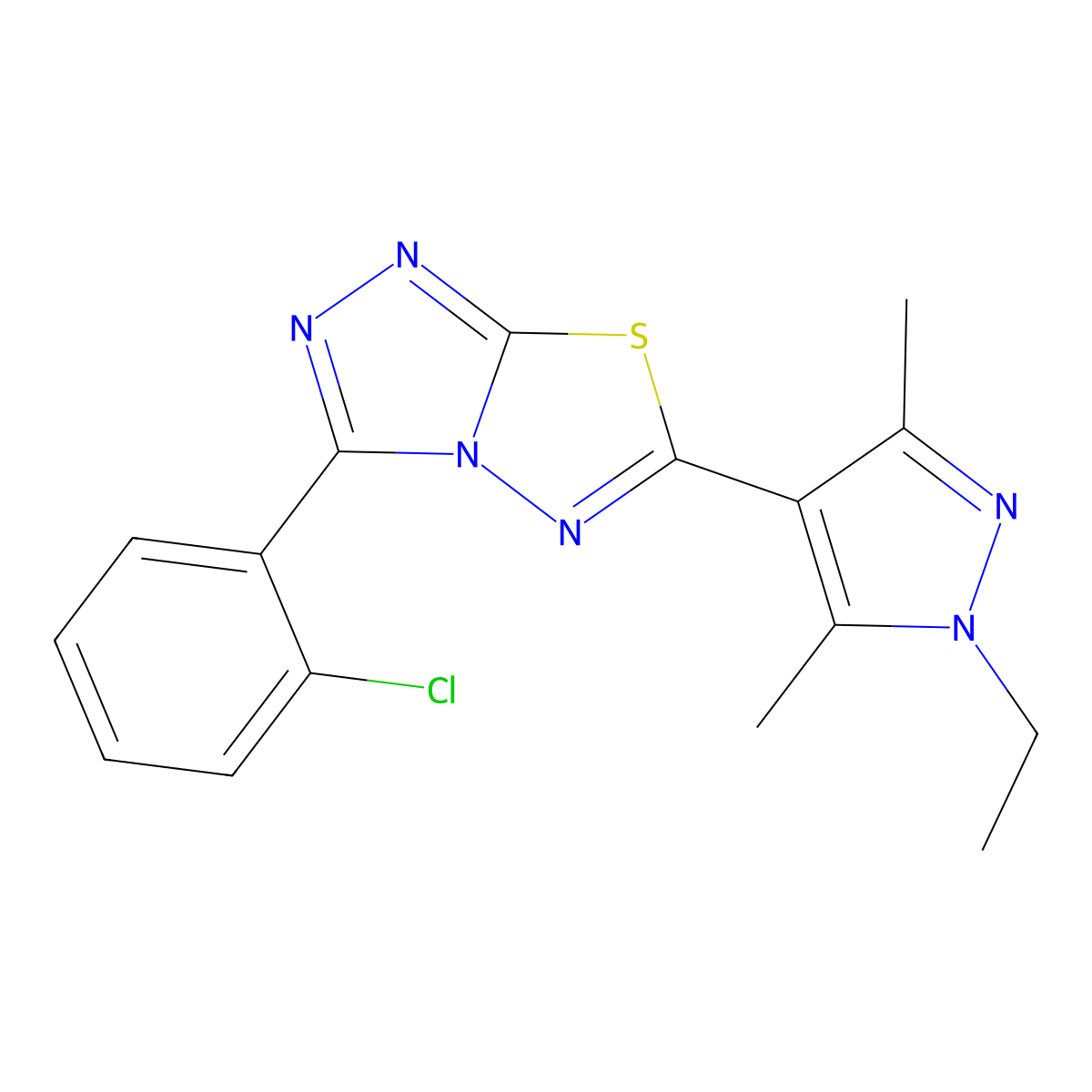 3-(2-chlorophenyl)-6-(1-ethyl-3,5-dimethyl-1H-pyrazol-4-yl)[1,2,4]triazolo[3,4-b][1,3,4]thiadiazole molecular structure, CAS 1219556-29-2