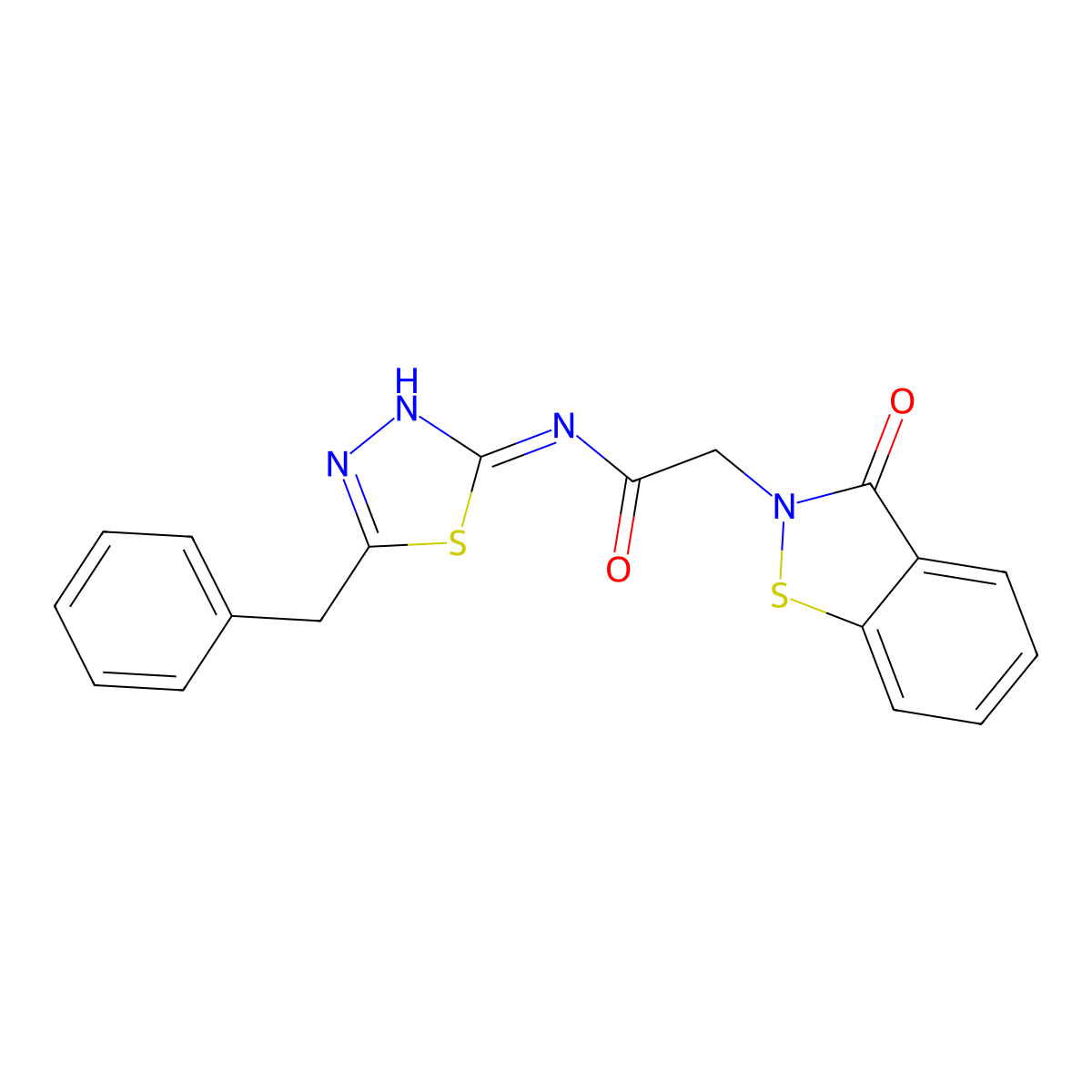 N-[(2Z)-5-benzyl-1,3,4-thiadiazol-2(3H)-ylidene]-2-(3-oxo-1,2-benzothiazol-2(3H)-yl)acetamide molecular structure, CAS 1219556-87-2