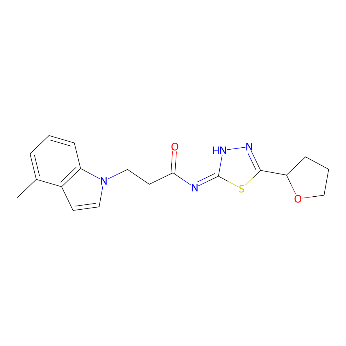 3-(4-methyl-1H-indol-1-yl)-N-[(2E)-5-(tetrahydrofuran-2-yl)-1,3,4-thiadiazol-2(3H)-ylidene]propanamide molecular structure, CAS 1219557-43-3