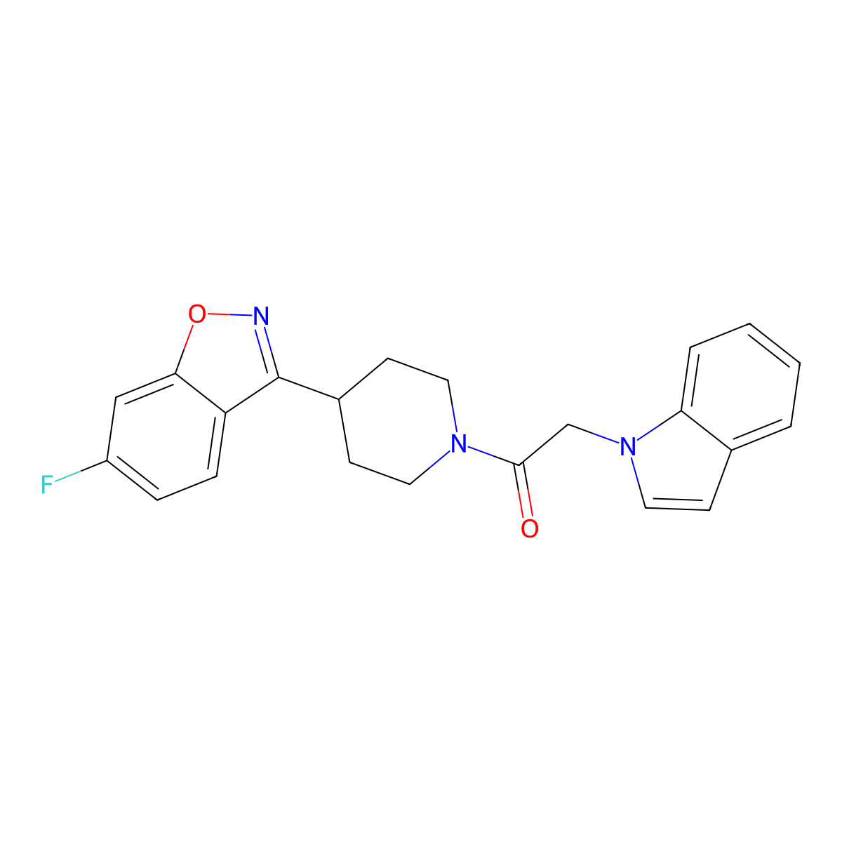 1-[4-(6-fluoro-1,2-benzoxazol-3-yl)piperidin-1-yl]-2-(1H-indol-1-yl)ethanone molecular structure, CAS 1219560-18-5