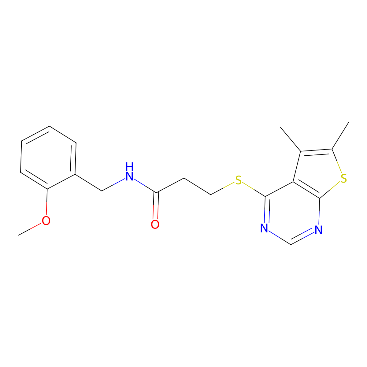 3-[(5,6-dimethylthieno[2,3-d]pyrimidin-4-yl)sulfanyl]-N-(2-methoxybenzyl)propanamide molecular structure, CAS 1219564-86-9