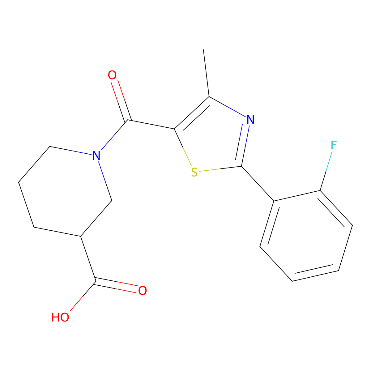 1-{[2-(2-Fluorophenyl)-4-methyl-1,3-thiazol-5-yl]carbonyl}piperidine-3-carboxylic acid molecular structure, CAS 1219566-70-7