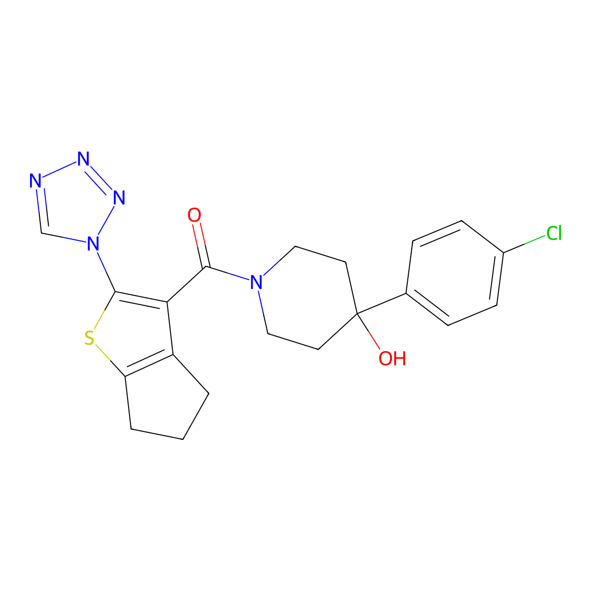 [4-(4-chlorophenyl)-4-hydroxypiperidin-1-yl][2-(1H-tetrazol-1-yl)-5,6-dihydro-4H-cyclopenta[b]thiophen-3-yl]methanone molecular structure, CAS 1219568-26-9