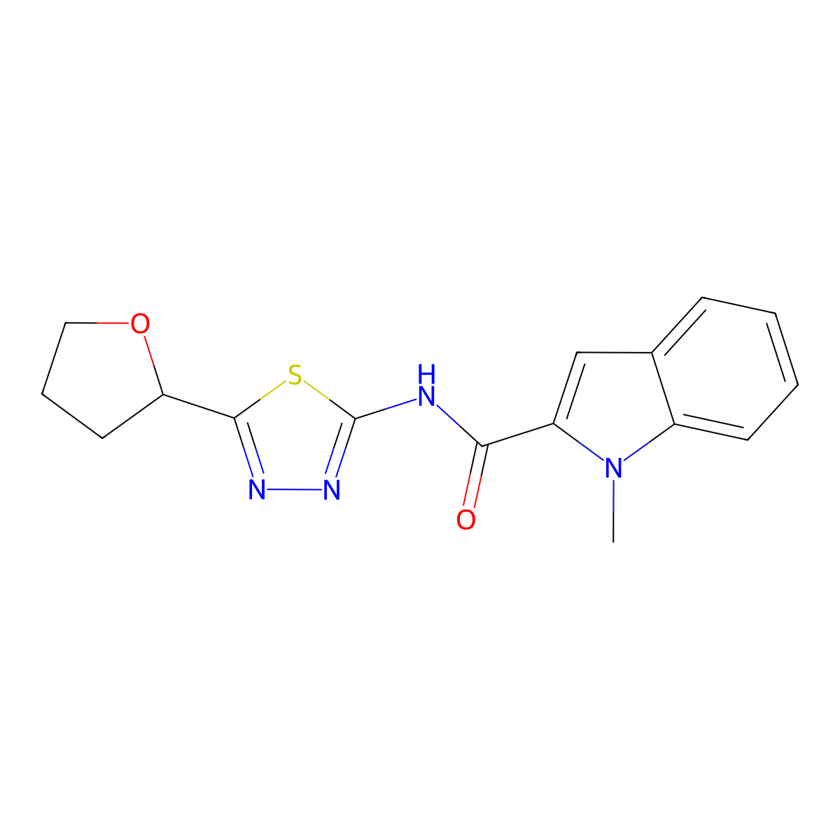 1-methyl-N-[(2E)-5-(tetrahydrofuran-2-yl)-1,3,4-thiadiazol-2(3H)-ylidene]-1H-indole-2-carboxamide molecular structure, CAS 1219568-32-7