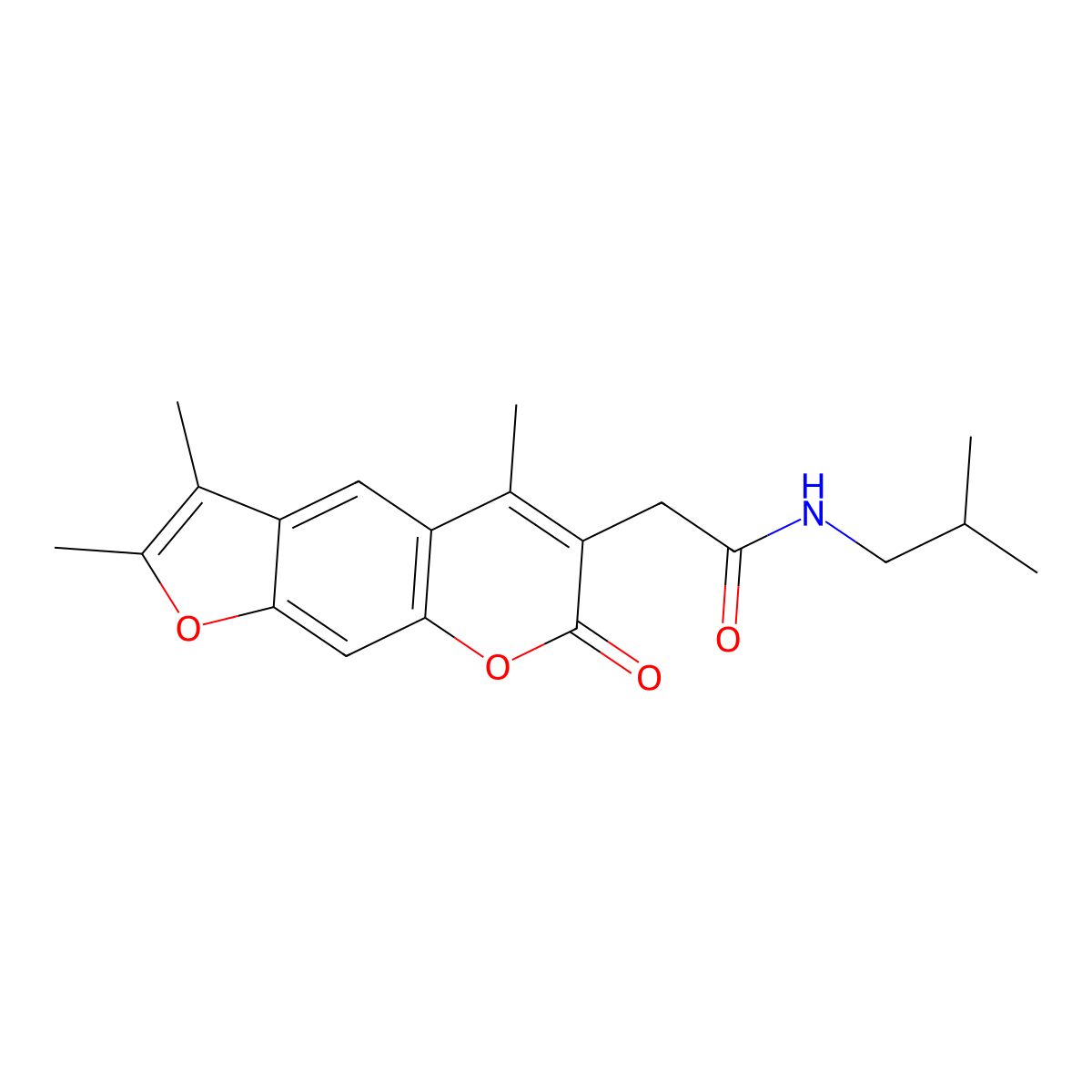 N-isobutyl-2-(2,3,5-trimethyl-7-oxo-7H-furo[3,2-g]chromen-6-yl)acetamide molecular structure, CAS 1219571-15-9
