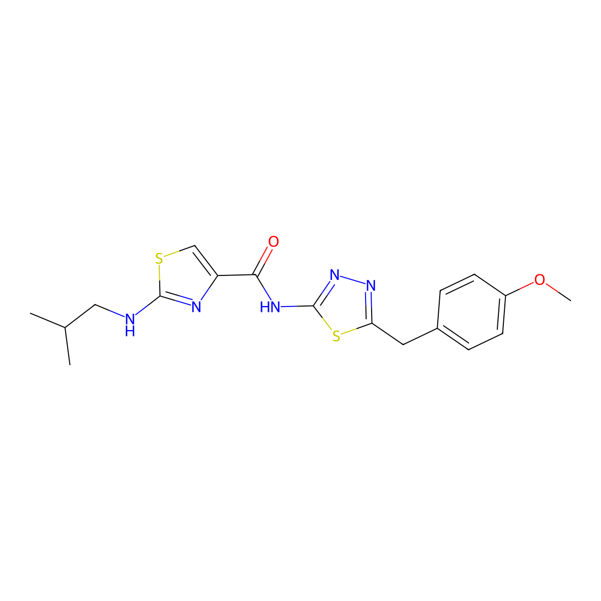 N-[(2E)-5-(4-methoxybenzyl)-1,3,4-thiadiazol-2(3H)-ylidene]-2-[(2-methylpropyl)amino]-1,3-thiazole-4-carboxamide molecular structure, CAS 1219572-63-0