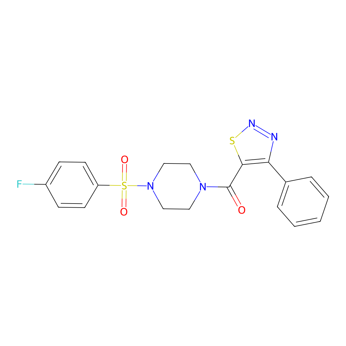 (4-((4-Fluorophenyl)sulfonyl)piperazin-1-yl)(4-phenyl-1,2,3-thiadiazol-5-yl)methanone molecular structure, CAS 1219573-09-7