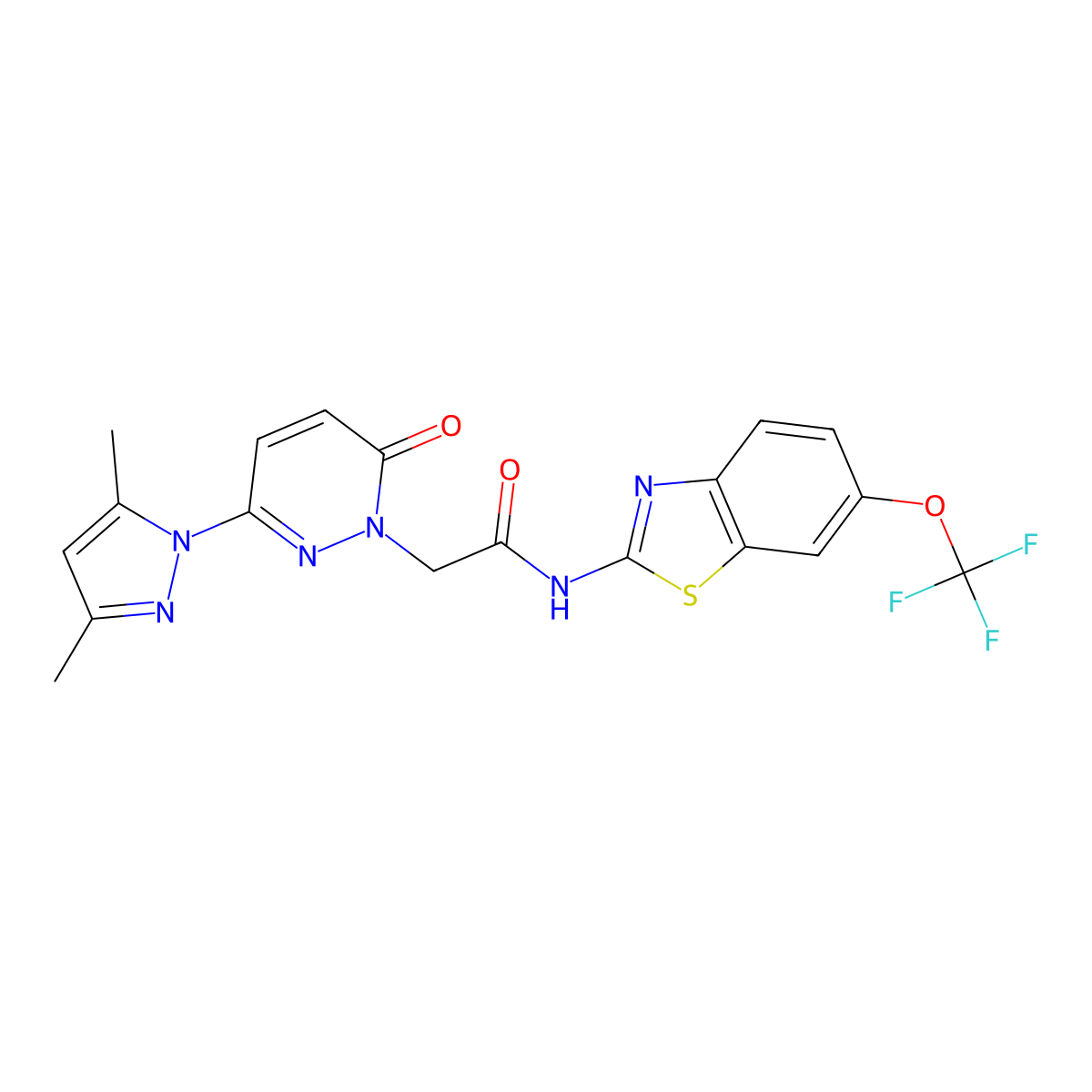 2-[3-(3,5-dimethyl-1H-pyrazol-1-yl)-6-oxopyridazin-1(6H)-yl]-N-[(2E)-6-(trifluoromethoxy)-1,3-benzothiazol-2(3H)-ylidene]acetamide molecular structure, CAS 1219573-72-4