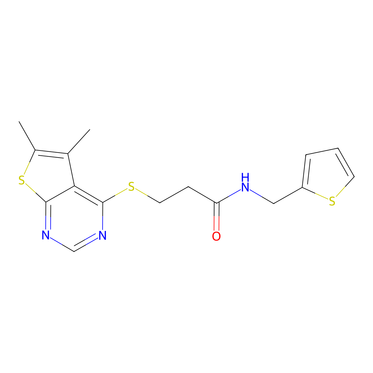 3-[(5,6-dimethylthieno[2,3-d]pyrimidin-4-yl)sulfanyl]-N-(thiophen-2-ylmethyl)propanamide molecular structure, CAS 1219574-14-7