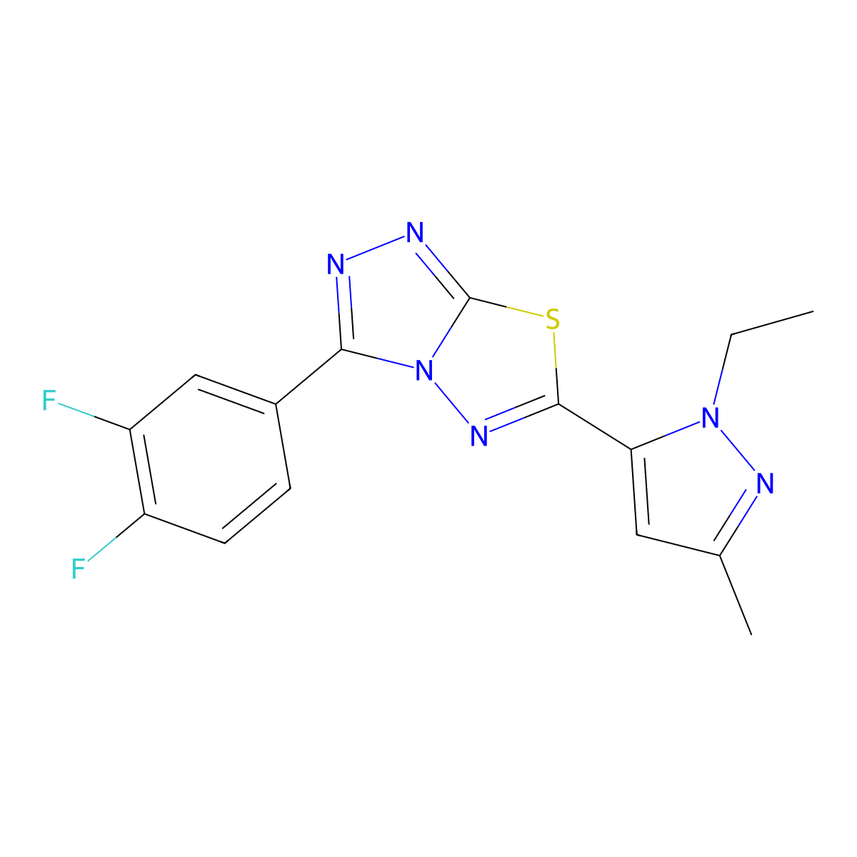 3-(3,4-difluorophenyl)-6-(1-ethyl-3-methyl-1H-pyrazol-5-yl)[1,2,4]triazolo[3,4-b][1,3,4]thiadiazole molecular structure, CAS 1219575-45-7