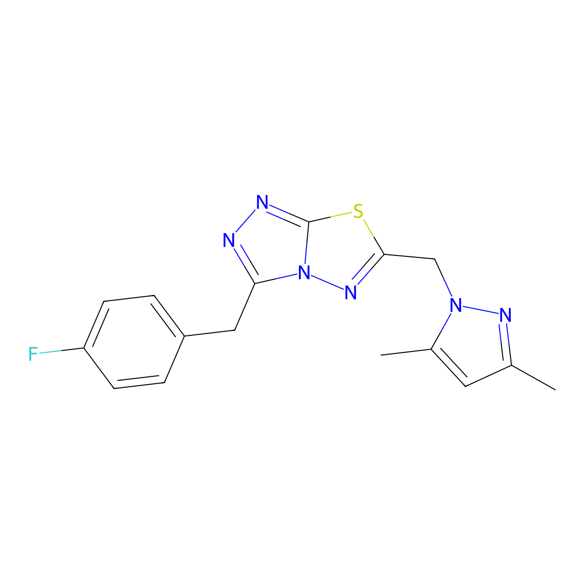 6-[(3,5-dimethyl-1H-pyrazol-1-yl)methyl]-3-(4-fluorobenzyl)[1,2,4]triazolo[3,4-b][1,3,4]thiadiazole molecular structure, CAS 1219577-35-1