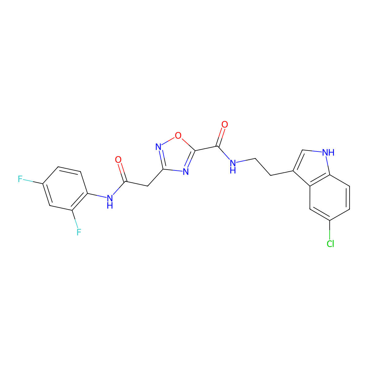 N-(2-(5-chloro-1H-indol-3-yl)ethyl)-3-(2-((2,4-difluorophenyl)amino)-2-oxoethyl)-1,2,4-oxadiazole-5-carboxamide molecular structure, CAS 1219577-79-3