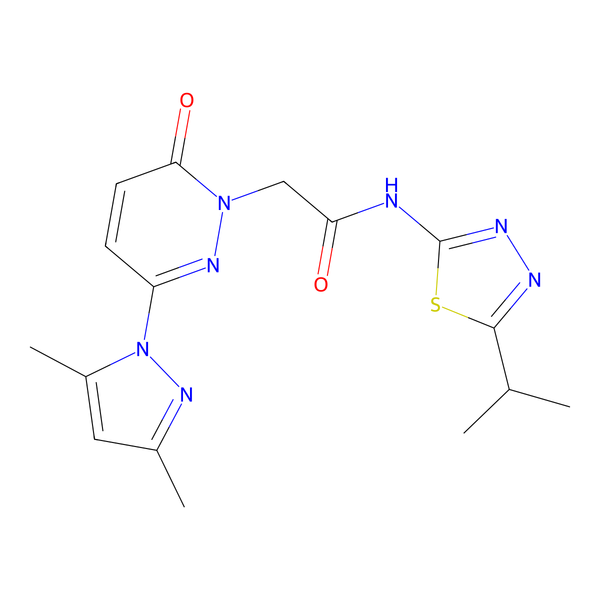 2-[3-(3,5-dimethyl-1H-pyrazol-1-yl)-6-oxopyridazin-1(6H)-yl]-N-[(2Z)-5-(propan-2-yl)-1,3,4-thiadiazol-2(3H)-ylidene]acetamide molecular structure, CAS 1219578-60-5