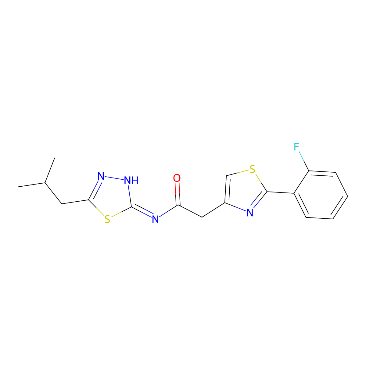 2-[2-(2-fluorophenyl)-1,3-thiazol-4-yl]-N-[(2E)-5-(2-methylpropyl)-1,3,4-thiadiazol-2(3H)-ylidene]acetamide molecular structure, CAS 1219581-61-9