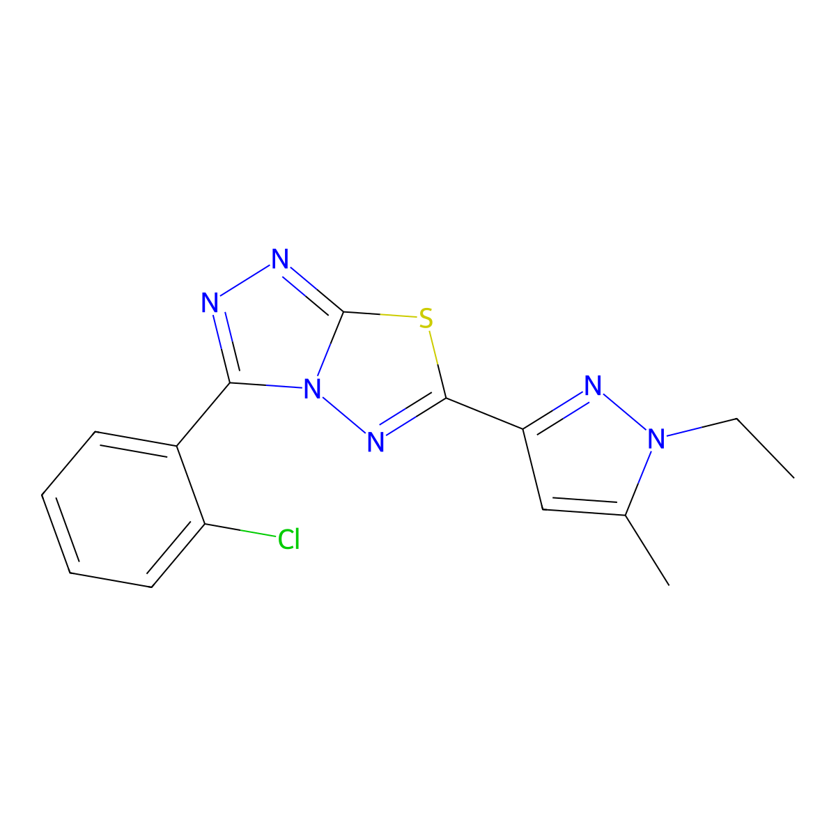 3-(2-chlorophenyl)-6-(1-ethyl-5-methyl-1H-pyrazol-3-yl)[1,2,4]triazolo[3,4-b][1,3,4]thiadiazole molecular structure, CAS 1219584-47-0