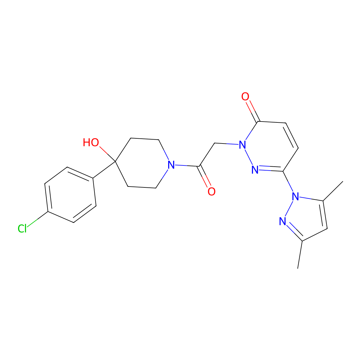 2-{2-[4-(4-chlorophenyl)-4-hydroxypiperidin-1-yl]-2-oxoethyl}-6-(3,5-dimethyl-1H-pyrazol-1-yl)pyridazin-3(2H)-one molecular structure, CAS 1219585-24-6