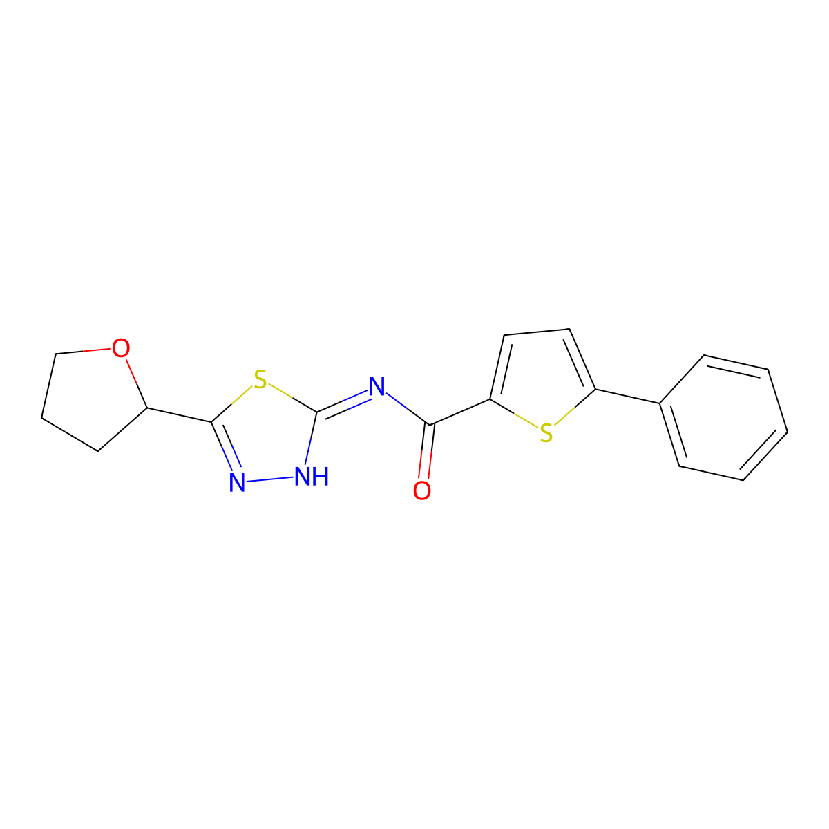 5-phenyl-N-[(2E)-5-(tetrahydrofuran-2-yl)-1,3,4-thiadiazol-2(3H)-ylidene]thiophene-2-carboxamide molecular structure, CAS 1219586-01-2