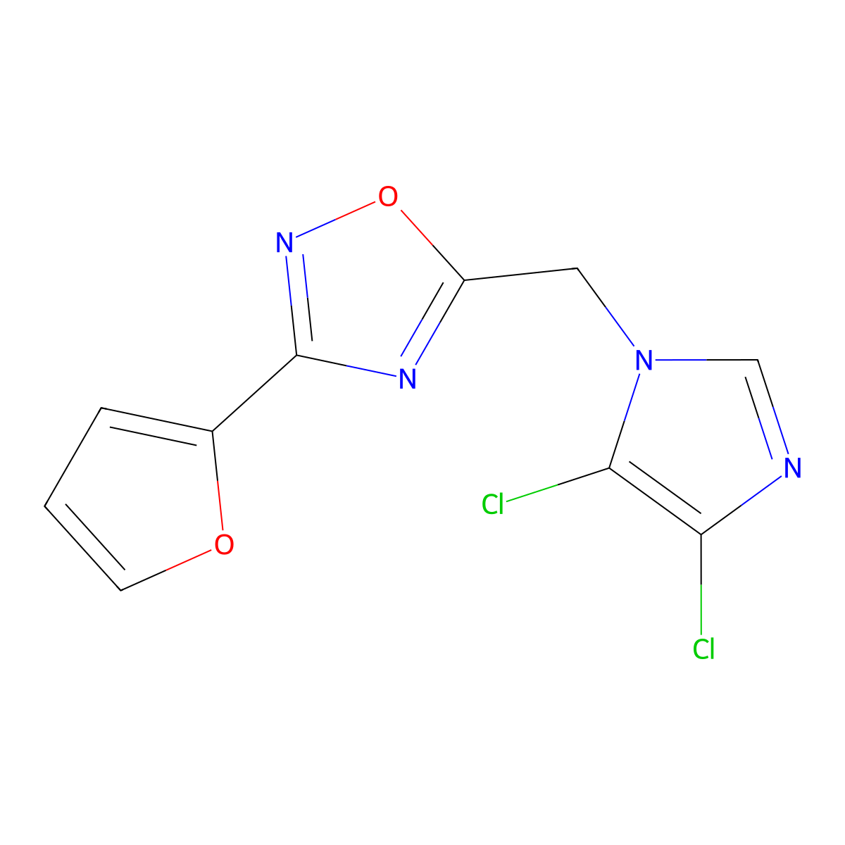 5-((4,5-dichloro-1H-imidazol-1-yl)methyl)-3-(furan-2-yl)-1,2,4-oxadiazole molecular structure, CAS 1219587-99-1