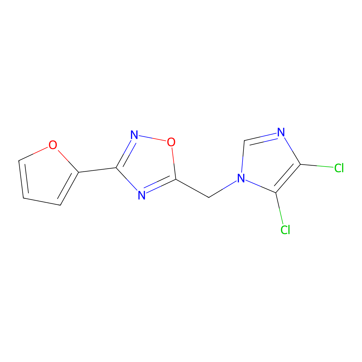 5-((4,5-dichloro-1H-imidazol-1-yl)methyl)-3-(furan-2-yl)-1,2,4-oxadiazole molecular structure, CAS 1219587-99-1