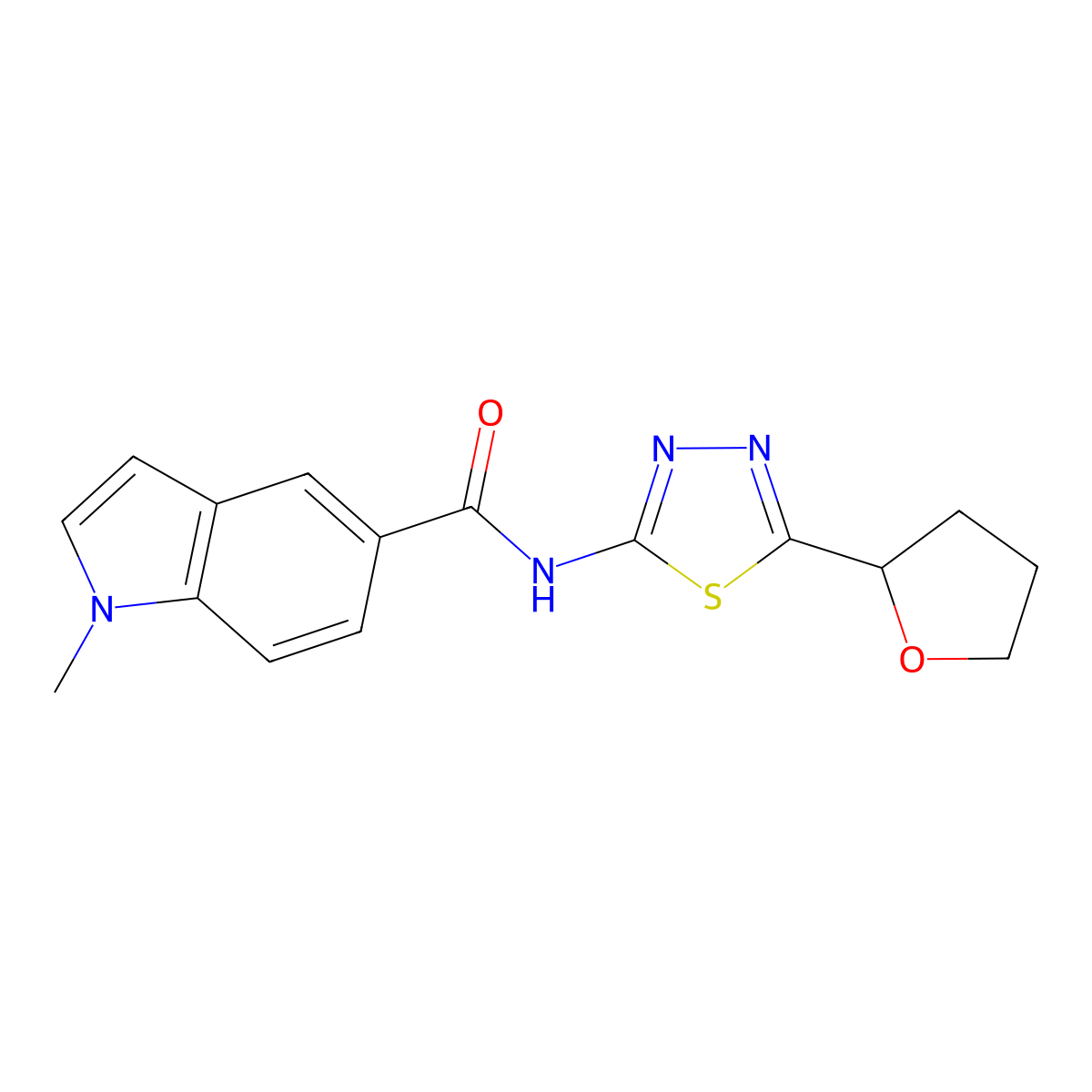 1-methyl-N-[(2E)-5-(tetrahydrofuran-2-yl)-1,3,4-thiadiazol-2(3H)-ylidene]-1H-indole-5-carboxamide molecular structure, CAS 1219588-68-7