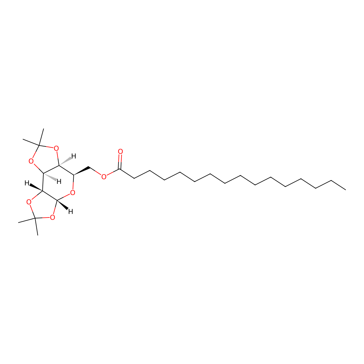 ((3aR,5R,5aS,8aS,8bR)-2,2,7,7-tetramethyltetrahydro-3aH-bis([1,3]dioxolo)[4,5-b:4',5'-d]pyran-5-yl)methyl palmitate molecular structure, CAS 121965-64-8