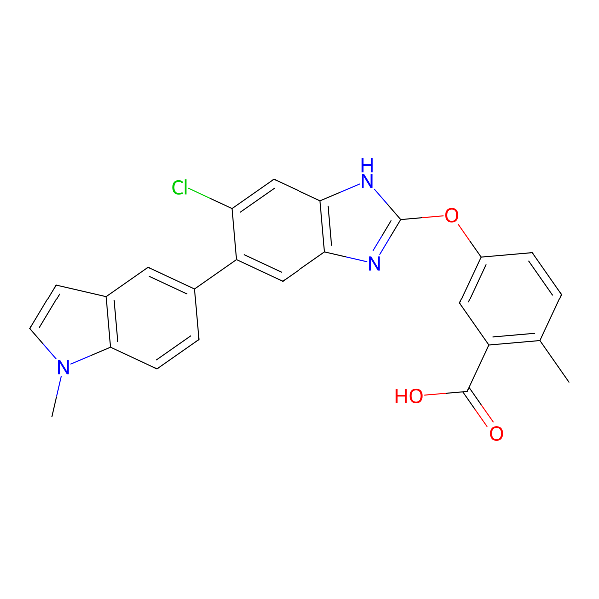 5-((6-chloro-5-(1-methylindol-5-yl)-1H-benzimidazol-2-yl)oxy)-2-methylbenzoic acid molecular structure, CAS 1219739-36-2