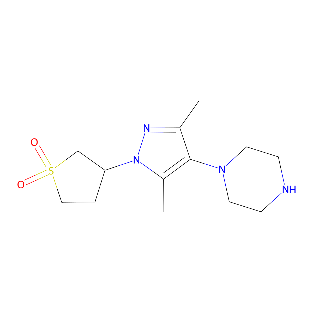 1-[1-(1,1-dioxidotetrahydro-3-thienyl)-3,5-dimethyl-1H-pyrazol-4-yl]piperazine molecular structure, CAS 1219828-02-0