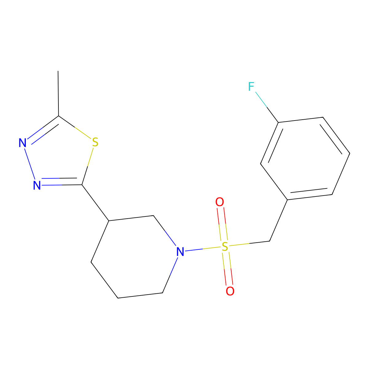 2-(1-((3-Fluorobenzyl)sulfonyl)piperidin-3-yl)-5-methyl-1,3,4-thiadiazole molecular structure, CAS 1219841-74-3