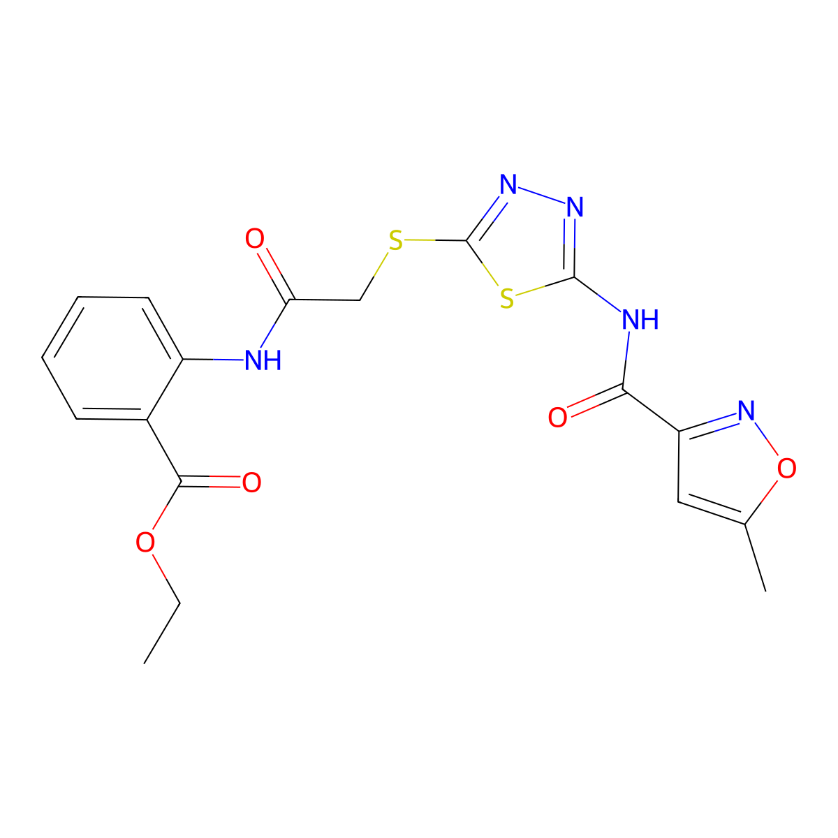 Ethyl 2-(2-((5-(5-methylisoxazole-3-carboxamido)-1,3,4-thiadiazol-2-yl)thio)acetamido)benzoate molecular structure, CAS 1219841-76-5