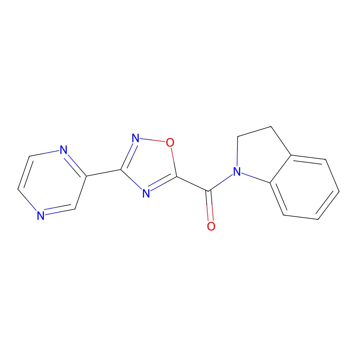 Indolin-1-yl(3-(pyrazin-2-yl)-1,2,4-oxadiazol-5-yl)methanone molecular structure, CAS 1219841-87-8