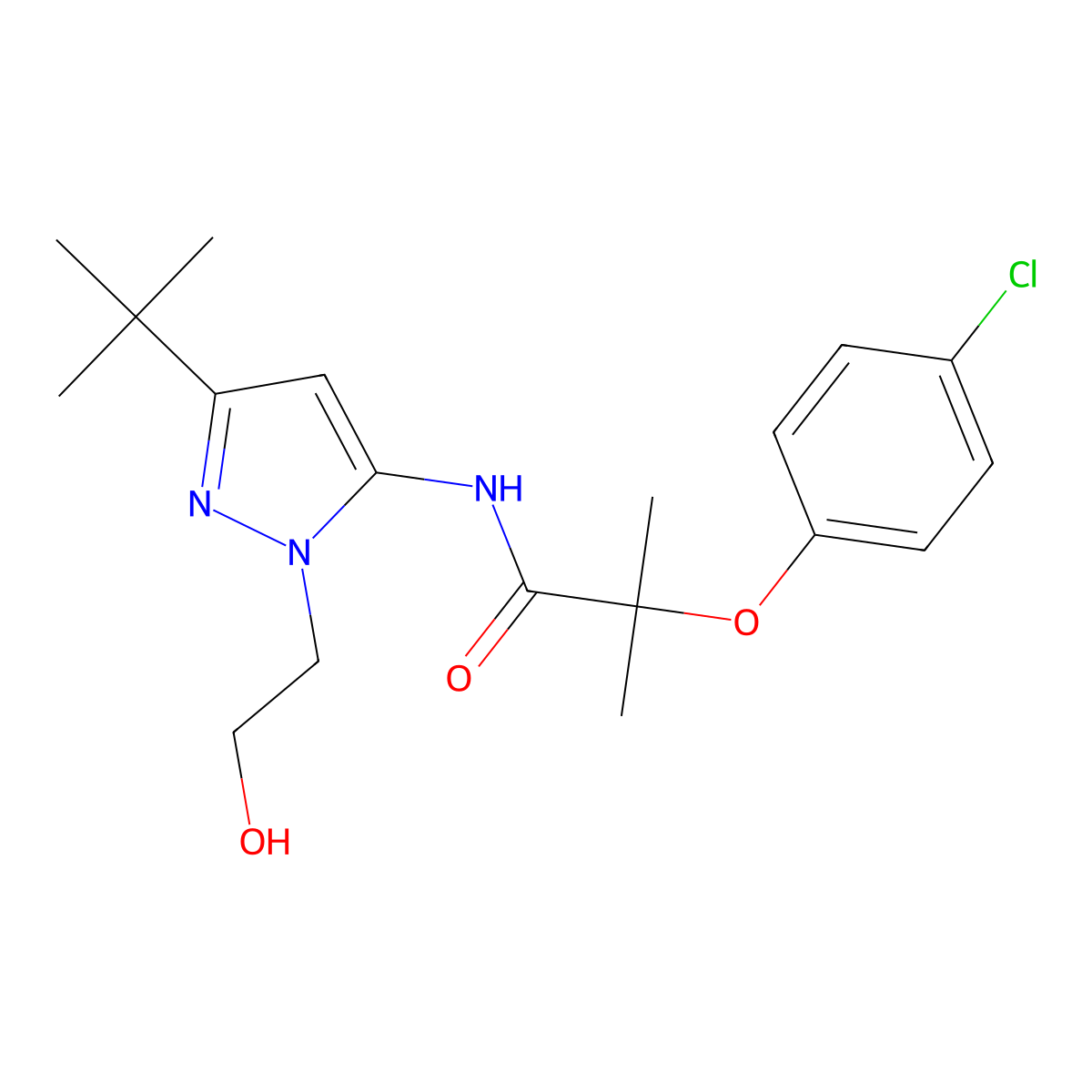 N-(3-(tert-butyl)-1-(2-hydroxyethyl)-1H-pyrazol-5-yl)-2-(4-chlorophenoxy)-2-methylpropanamide molecular structure, CAS 1219841-89-0