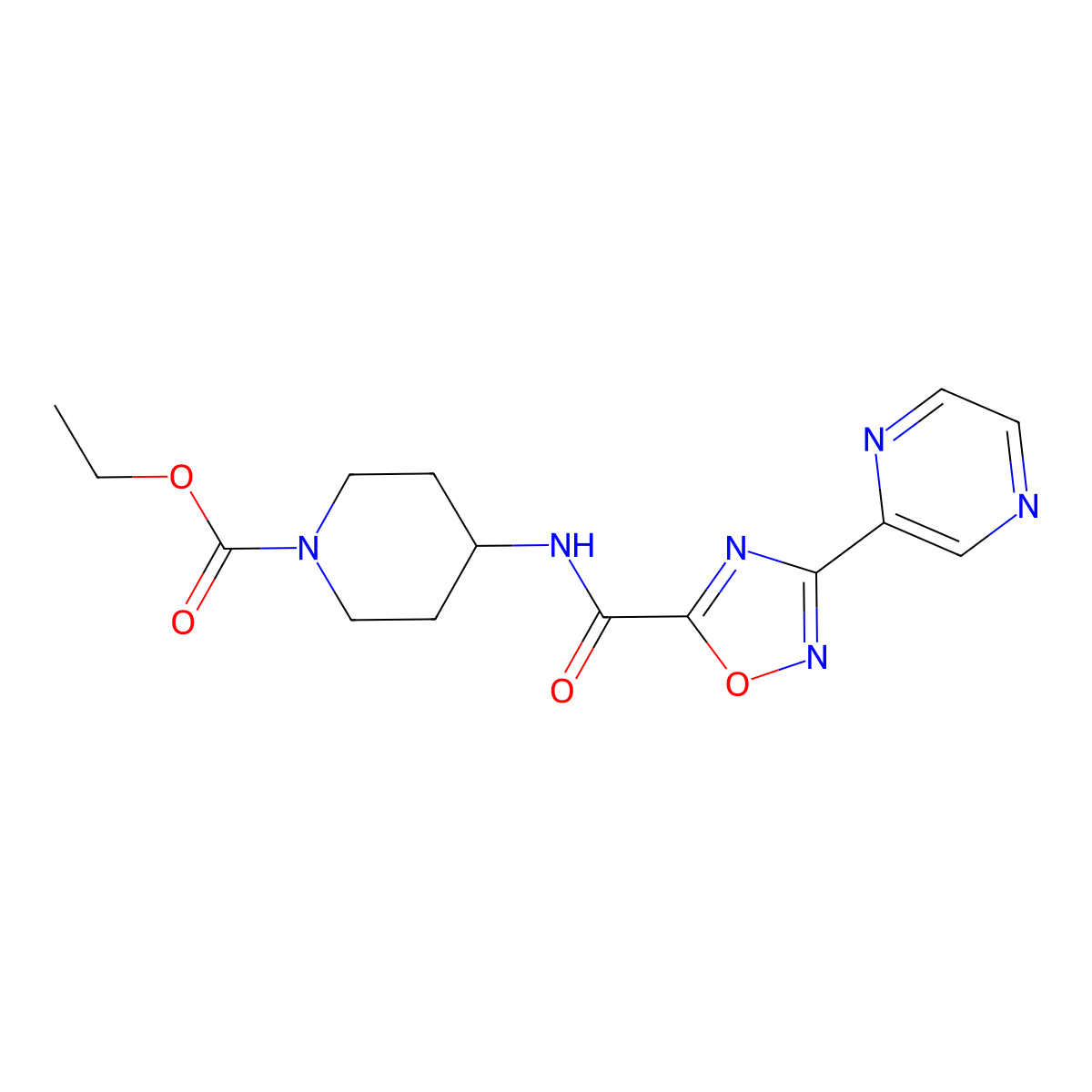 Ethyl 4-(3-(pyrazin-2-yl)-1,2,4-oxadiazole-5-carboxamido)piperidine-1-carboxylate molecular structure, CAS 1219841-92-5