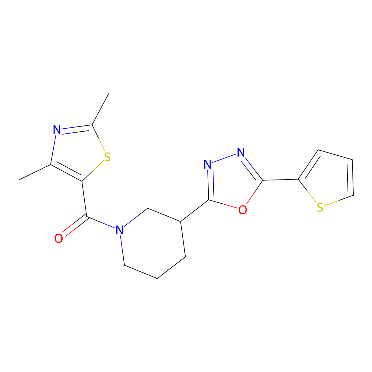 (2,4-Dimethylthiazol-5-yl)(3-(5-(thiophen-2-yl)-1,3,4-oxadiazol-2-yl)piperidin-1-yl)methanone molecular structure, CAS 1219841-94-7