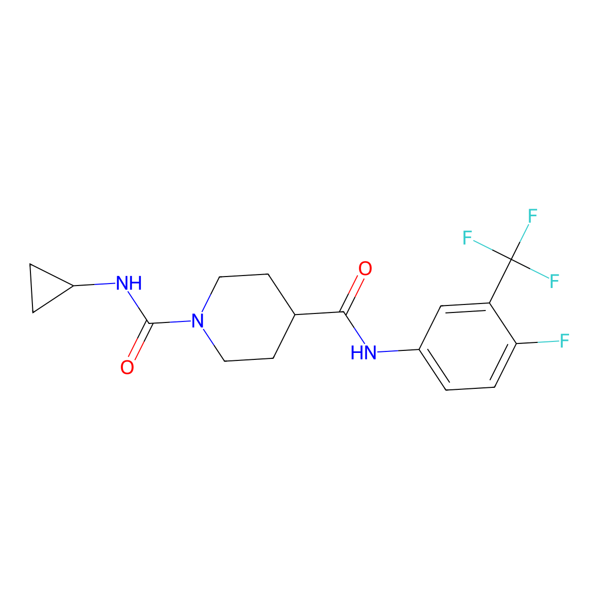 N1-cyclopropyl-N4-(4-fluoro-3-(trifluoromethyl)phenyl)piperidine-1,4-dicarboxamide molecular structure, CAS 1219841-96-9