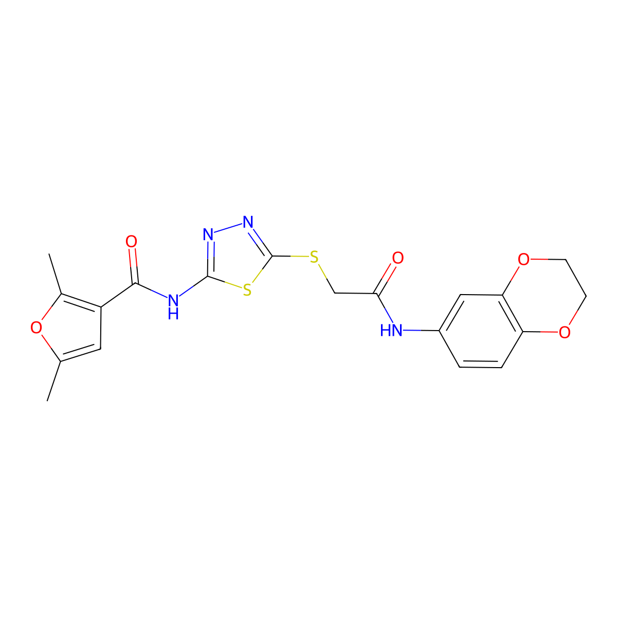 N-(5-((2-((2,3-dihydrobenzo[b][1,4]dioxin-6-yl)amino)-2-oxoethyl)thio)-1,3,4-thiadiazol-2-yl)-2,5-dimethylfuran-3-carboxamide molecular structure, CAS 1219842-06-4