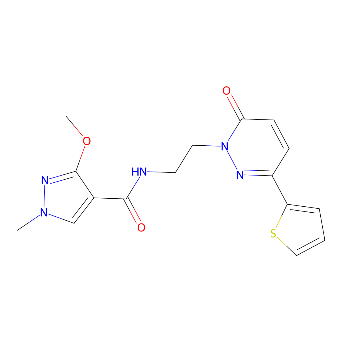 3-methoxy-1-methyl-N-(2-(6-oxo-3-(thiophen-2-yl)pyridazin-1(6H)-yl)ethyl)-1H-pyrazole-4-carboxamide molecular structure, CAS 1219842-08-6