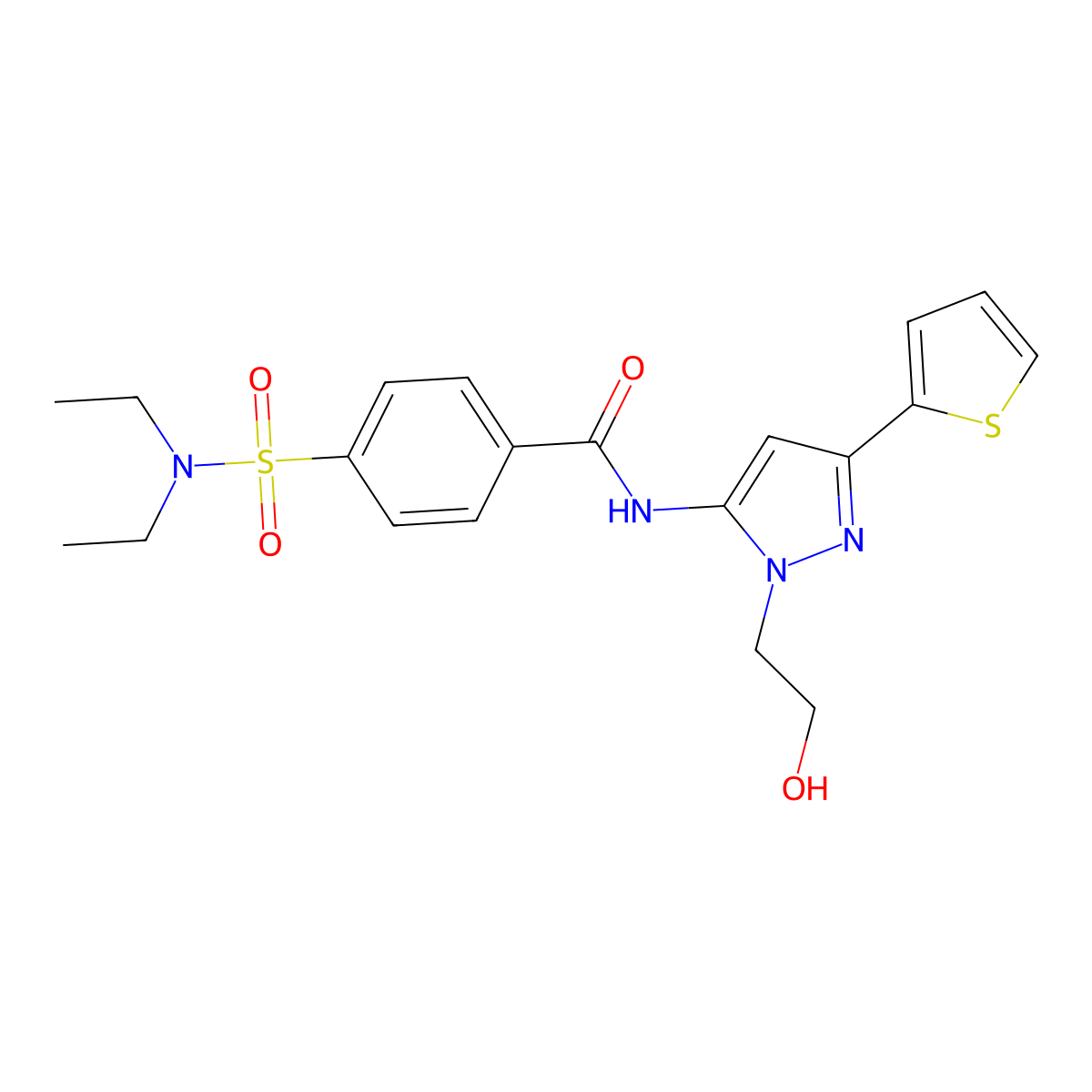 4-(N,N-diethylsulfamoyl)-N-(1-(2-hydroxyethyl)-3-(thiophen-2-yl)-1H-pyrazol-5-yl)benzamide molecular structure, CAS 1219842-18-8