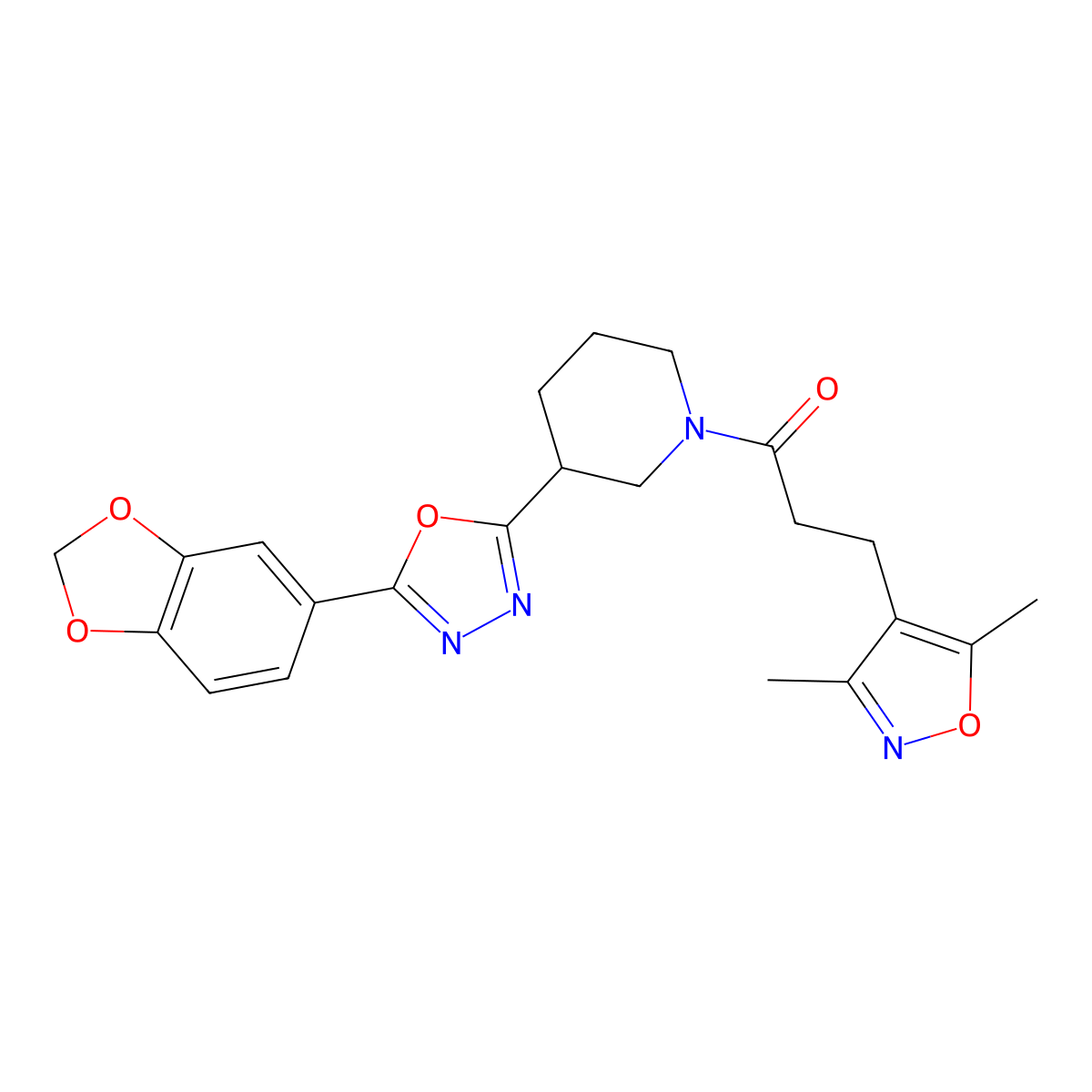 1-(3-(5-(Benzo[d][1,3]dioxol-5-yl)-1,3,4-oxadiazol-2-yl)piperidin-1-yl)-3-(3,5-dimethylisoxazol-4-yl)propan-1-one molecular structure, CAS 1219842-23-5