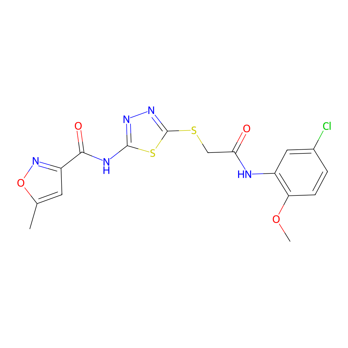 N-(5-((2-((5-chloro-2-methoxyphenyl)amino)-2-oxoethyl)thio)-1,3,4-thiadiazol-2-yl)-5-methylisoxazole-3-carboxamide molecular structure, CAS 1219842-24-6