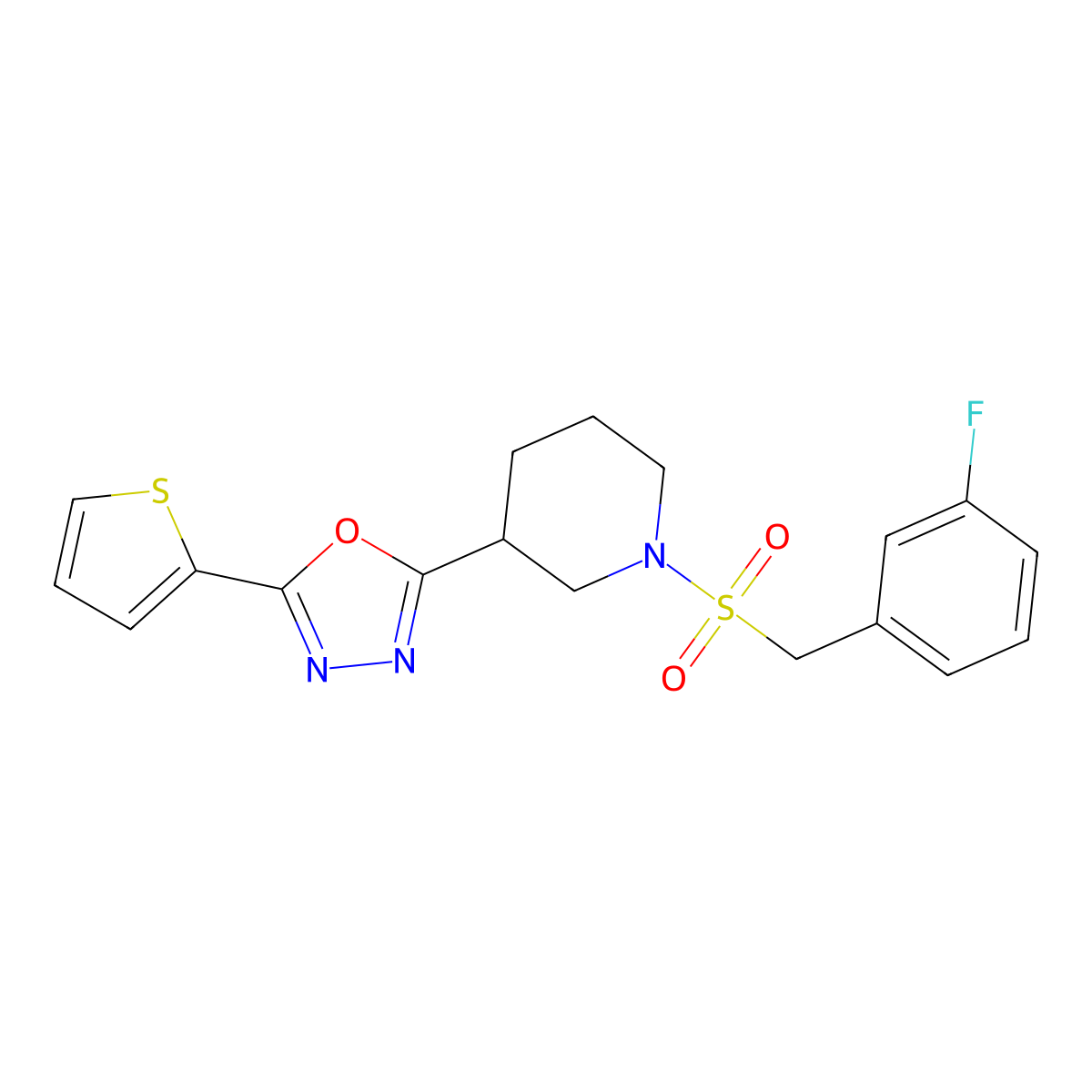 2-(1-((3-Fluorobenzyl)sulfonyl)piperidin-3-yl)-5-(thiophen-2-yl)-1,3,4-oxadiazole molecular structure, CAS 1219842-26-8